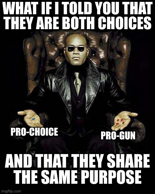 To be both militantly for one and vehemently against the other is to be truly asleep | WHAT IF I TOLD YOU THAT
THEY ARE BOTH CHOICES; PRO-GUN; PRO-CHOICE; AND THAT THEY SHARE
THE SAME PURPOSE | image tagged in morpheus blue red pill | made w/ Imgflip meme maker