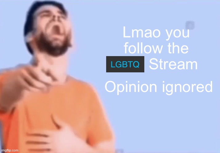 Laughing and pointing | Lmao you follow the
        Stream; Opinion ignored | image tagged in laughing and pointing | made w/ Imgflip meme maker