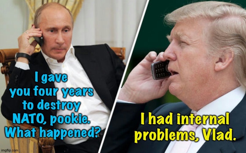 Trump trying to 'splain... | I gave you four years to destroy NATO, pookie.  What happened? I had internal problems, Vlad. | image tagged in putin/trump phone call | made w/ Imgflip meme maker