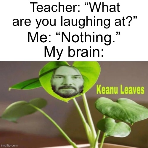 KEANU LEAVES | Teacher: “What are you laughing at?”; Me: “Nothing.”; My brain: | image tagged in funny,my brain,school,teacher what are you laughing at | made w/ Imgflip meme maker