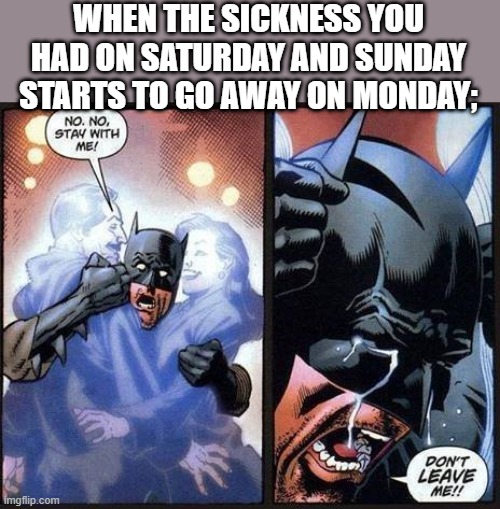 Batman don't leave me | WHEN THE SICKNESS YOU HAD ON SATURDAY AND SUNDAY STARTS TO GO AWAY ON MONDAY; | image tagged in batman don't leave me | made w/ Imgflip meme maker