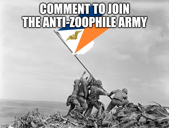 Raising the Flag on Iwo Jima | COMMENT TO JOIN THE ANTI-ZOOPHILE ARMY | image tagged in raising the flag on iwo jima | made w/ Imgflip meme maker