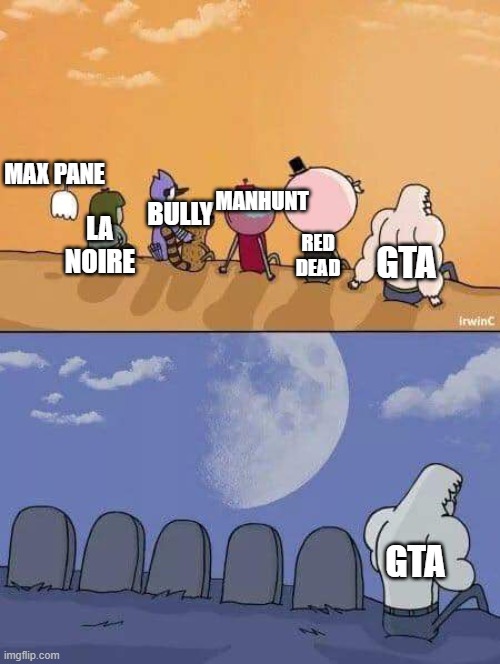 A Legend Has Fallen | MAX PANE; MANHUNT; BULLY; LA NOIRE; GTA; RED DEAD; GTA | image tagged in regular show graves | made w/ Imgflip meme maker