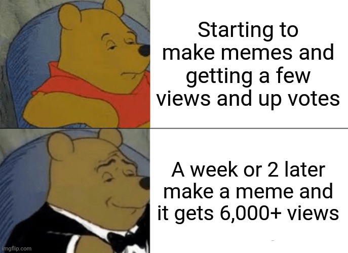 I was shocked when that happened | Starting to make memes and getting a few views and up votes; A week or 2 later make a meme and it gets 6,000+ views | image tagged in memes,tuxedo winnie the pooh | made w/ Imgflip meme maker