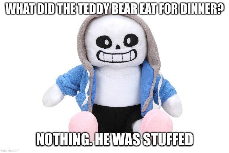Sans Undertale | WHAT DID THE TEDDY BEAR EAT FOR DINNER? NOTHING. HE WAS STUFFED | image tagged in sans undertale | made w/ Imgflip meme maker