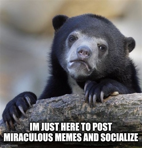 Confession Bear Meme | IM JUST HERE TO POST MIRACULOUS MEMES AND SOCIALIZE | image tagged in memes,confession bear | made w/ Imgflip meme maker