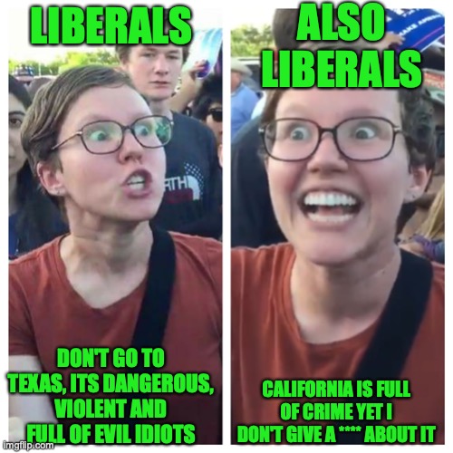 Social Justice Warrior Hypocrisy | LIBERALS DON'T GO TO TEXAS, ITS DANGEROUS, VIOLENT AND FULL OF EVIL IDIOTS ALSO LIBERALS CALIFORNIA IS FULL OF CRIME YET I DON'T GIVE A **** | image tagged in social justice warrior hypocrisy | made w/ Imgflip meme maker