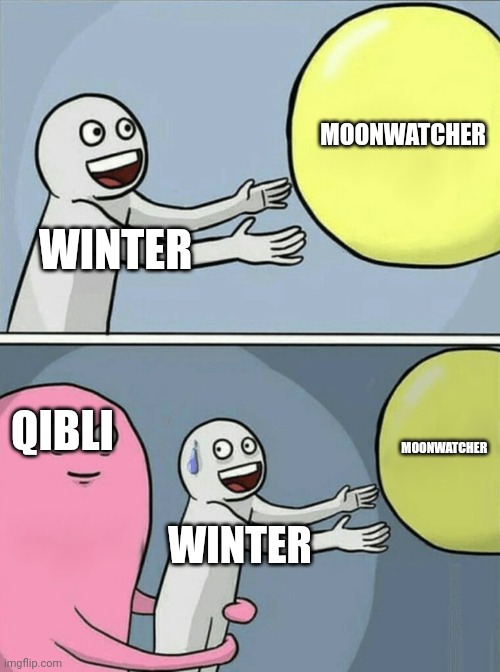 Poor winter | MOONWATCHER; WINTER; QIBLI; MOONWATCHER; WINTER | image tagged in memes,running away balloon,wings of fire | made w/ Imgflip meme maker