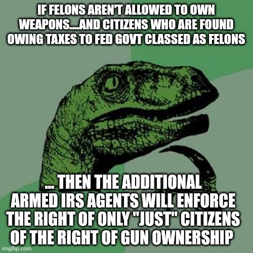 There goes another one.... | IF FELONS AREN'T ALLOWED TO OWN WEAPONS....AND CITIZENS WHO ARE FOUND OWING TAXES TO FED GOVT CLASSED AS FELONS; ... THEN THE ADDITIONAL ARMED IRS AGENTS WILL ENFORCE THE RIGHT OF ONLY "JUST" CITIZENS OF THE RIGHT OF GUN OWNERSHIP | image tagged in memes,philosoraptor | made w/ Imgflip meme maker