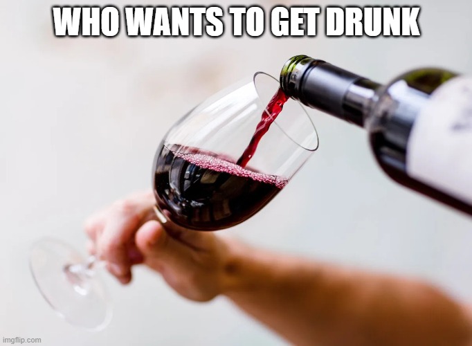 Red wine being poured into a glass | WHO WANTS TO GET DRUNK | image tagged in red wine being poured into a glass | made w/ Imgflip meme maker