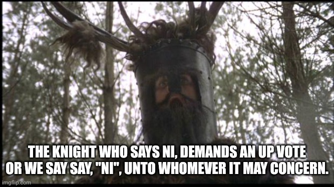 Knights of Ni | THE KNIGHT WHO SAYS NI, DEMANDS AN UP VOTE OR WE SAY SAY, "NI", UNTO WHOMEVER IT MAY CONCERN. | image tagged in knights of ni | made w/ Imgflip meme maker