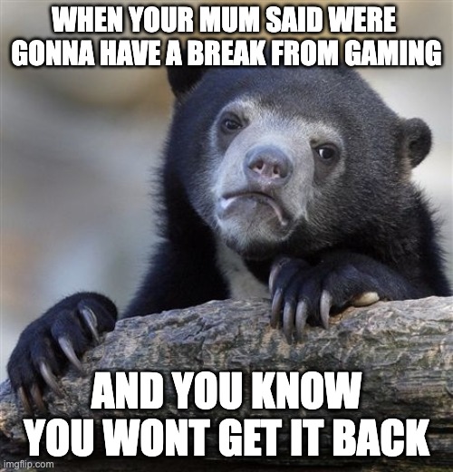 Confession Bear | WHEN YOUR MUM SAID WERE 
GONNA HAVE A BREAK FROM GAMING; AND YOU KNOW YOU WONT GET IT BACK | image tagged in memes,confession bear | made w/ Imgflip meme maker