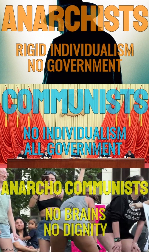 Anarcho-Communism Explained | ANARCHISTS; RIGID INDIVIDUALISM
NO GOVERNMENT; COMMUNISTS; NO INDIVIDUALISM
ALL GOVERNMENT; ANARCHO COMMUNISTS; NO BRAINS
NO DIGNITY | image tagged in memes,funny,anarchism,communism,liberal logic,conservatives | made w/ Imgflip meme maker