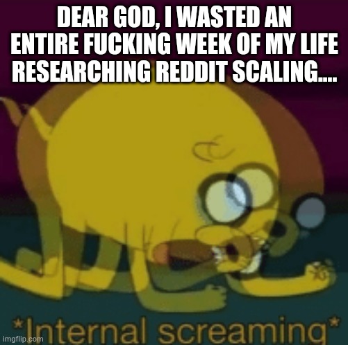 Jake The Dog Internal Screaming | DEAR GOD, I WASTED AN ENTIRE FUCKING WEEK OF MY LIFE RESEARCHING REDDIT SCALING.... | image tagged in jake the dog internal screaming,DeathBattleMatchups | made w/ Imgflip meme maker