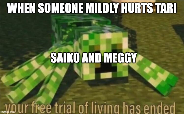 Your Free Trial of Living Has Ended | WHEN SOMEONE MILDLY HURTS TARI; SAIKO AND MEGGY | image tagged in your free trial of living has ended | made w/ Imgflip meme maker