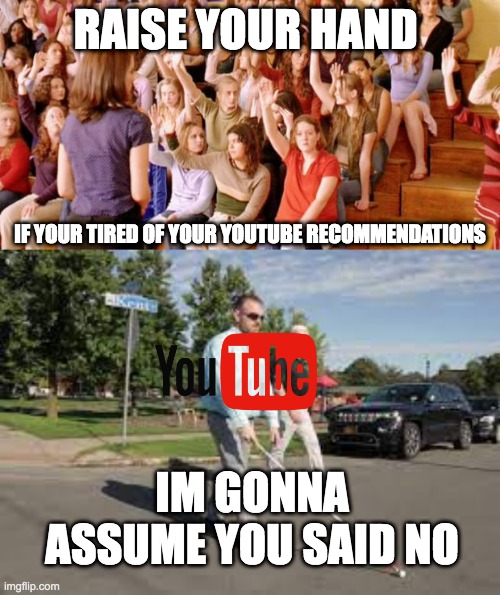 youtube | RAISE YOUR HAND; IF YOUR TIRED OF YOUR YOUTUBE RECOMMENDATIONS; IM GONNA ASSUME YOU SAID NO | image tagged in raise your hand if you have ever been personally victimized by r | made w/ Imgflip meme maker