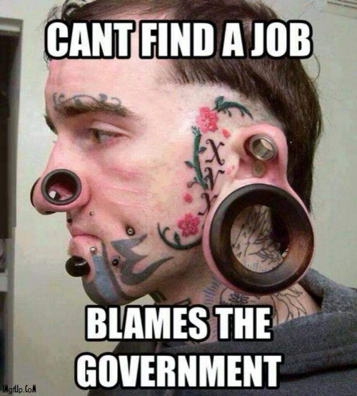 it's all the government's fault. | image tagged in government's fault,job,tattoo,piercings | made w/ Imgflip meme maker