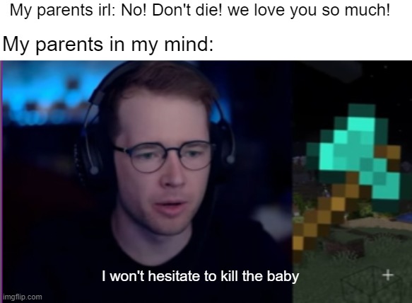 i dont have issues | My parents irl: No! Don't die! we love you so much! My parents in my mind:; I won't hesitate to kill the baby | image tagged in dantdm | made w/ Imgflip meme maker