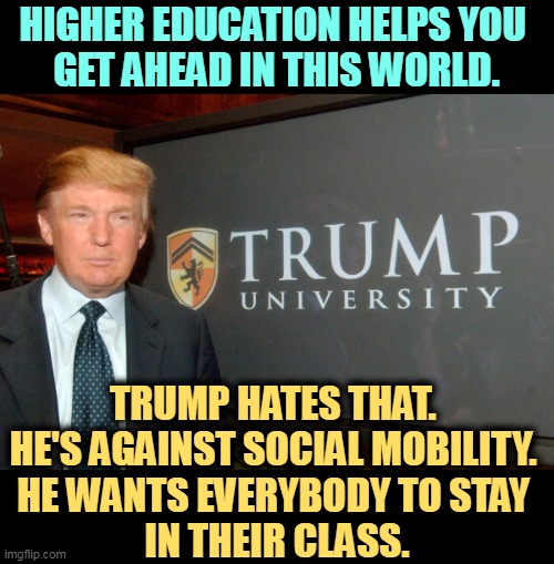 HIGHER EDUCATION HELPS YOU 
GET AHEAD IN THIS WORLD. TRUMP HATES THAT. 
HE'S AGAINST SOCIAL MOBILITY. 
HE WANTS EVERYBODY TO STAY 
IN THEIR CLASS. | image tagged in trump,hate,social mobility,university | made w/ Imgflip meme maker