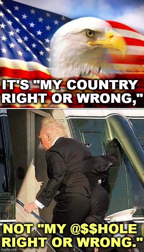A test of patriotism | IT'S "MY COUNTRY 
RIGHT OR WRONG,"; NOT "MY @$$HOLE 
RIGHT OR WRONG." | image tagged in american flag,patriotism,trump,fascist,cult | made w/ Imgflip meme maker