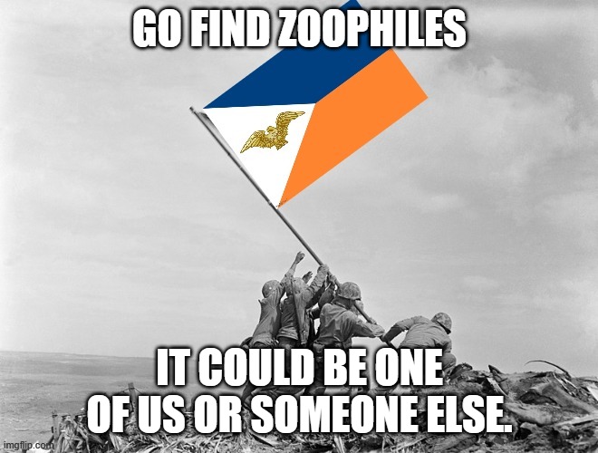 Soldiers Raising Anti-Zoophile Army Flag | GO FIND ZOOPHILES; IT COULD BE ONE OF US OR SOMEONE ELSE. | image tagged in soldiers raising anti-zoophile army flag | made w/ Imgflip meme maker