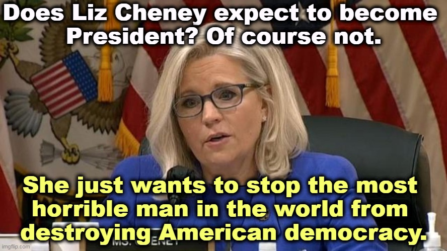 Liz Cheney | Does Liz Cheney expect to become 
President? Of course not. She just wants to stop the most 
horrible man in the world from 
destroying American democracy. | image tagged in liz cheney,president,block,trump | made w/ Imgflip meme maker