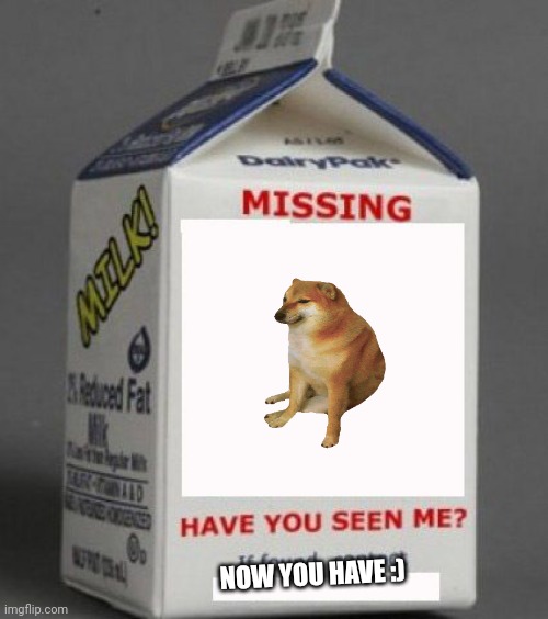 missing milk carton template | NOW YOU HAVE :) | image tagged in missing milk carton template | made w/ Imgflip meme maker