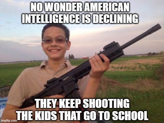 STAWP!!! | NO WONDER AMERICAN INTELLIGENCE IS DECLINING; THEY KEEP SHOOTING THE KIDS THAT GO TO SCHOOL | image tagged in school shooter calvin | made w/ Imgflip meme maker