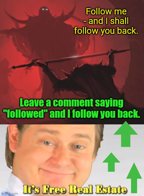 Follow Tag - Comment follow and I'll follow you.  You can follow back if you like! |  Follow me - and I shall follow you back. Leave a comment saying "followed" and I follow you back. | image tagged in offering the sword,it's free real estate | made w/ Imgflip meme maker