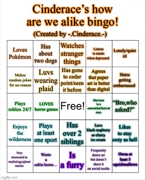 I made this bc why the hell not? | image tagged in cinderaces how are we alike bingo | made w/ Imgflip meme maker