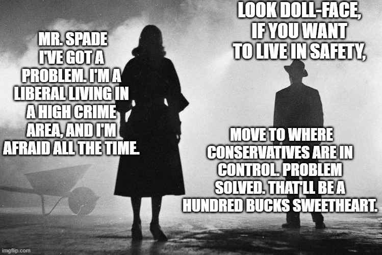 Some immediate solutions are achingly simple and generate excellent results. | LOOK DOLL-FACE, IF YOU WANT TO LIVE IN SAFETY, MR. SPADE I'VE GOT A PROBLEM. I'M A LIBERAL LIVING IN A HIGH CRIME AREA, AND I'M AFRAID ALL THE TIME. MOVE TO WHERE CONSERVATIVES ARE IN CONTROL. PROBLEM SOLVED. THAT'LL BE A HUNDRED BUCKS SWEETHEART. | image tagged in solutions | made w/ Imgflip meme maker