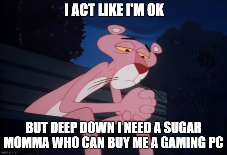 I Act like I'm ok but deep down I need a sugar momma | I ACT LIKE I'M OK; BUT DEEP DOWN I NEED A SUGAR MOMMA WHO CAN BUY ME A GAMING PC | image tagged in sad pink panther | made w/ Imgflip meme maker