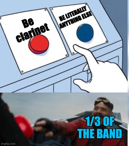 I’m watching you, clarinet players. | BE LITERALLY ANYTHING ELSE; Be clarinet; 1/3 OF THE BAND | image tagged in two buttons eggman,band | made w/ Imgflip meme maker