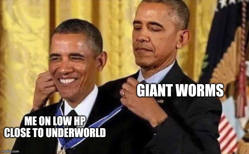 I just found out how many tiles you have to mine before underworld | GIANT WORMS; ME ON LOW HP CLOSE TO UNDERWORLD | image tagged in obama medal | made w/ Imgflip meme maker