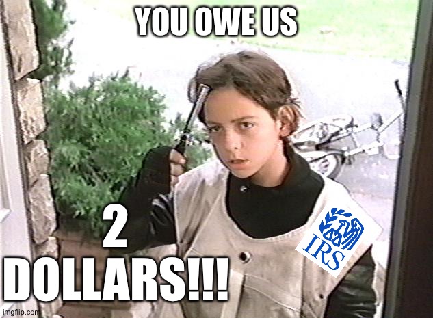 I want my 2 dollars | YOU OWE US; 2 DOLLARS!!! | image tagged in i want my 2 dollars | made w/ Imgflip meme maker