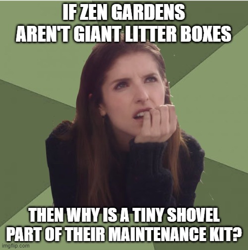 stupid stuff that's rattling around my brain | IF ZEN GARDENS AREN'T GIANT LITTER BOXES; THEN WHY IS A TINY SHOVEL PART OF THEIR MAINTENANCE KIT? | image tagged in philosophanna | made w/ Imgflip meme maker