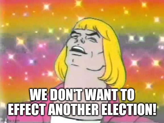 HeManParty | WE DON'T WANT TO EFFECT ANOTHER ELECTION! | image tagged in hemanparty | made w/ Imgflip meme maker