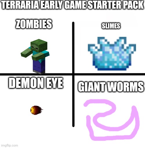 Used all I could | TERRARIA EARLY GAME STARTER PACK; ZOMBIES; SLIMES; DEMON EYE; GIANT WORMS | image tagged in memes,blank starter pack | made w/ Imgflip meme maker