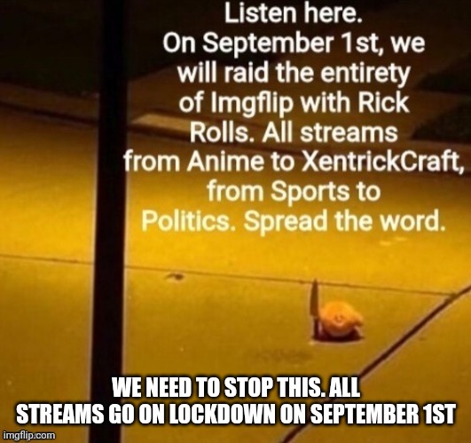 WARNING | WE NEED TO STOP THIS. ALL STREAMS GO ON LOCKDOWN ON SEPTEMBER 1ST | image tagged in things are getting serious | made w/ Imgflip meme maker