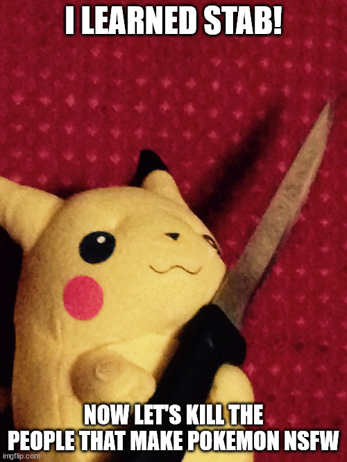 please | I LEARNED STAB! NOW LET'S KILL THE PEOPLE THAT MAKE POKEMON NSFW | image tagged in pikachu learned stab | made w/ Imgflip meme maker