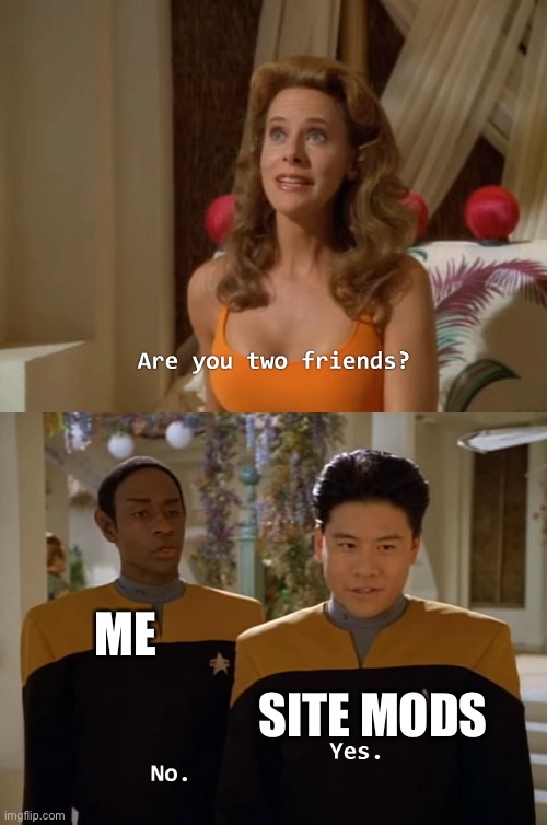 Are you two friends? | ME; SITE MODS | image tagged in are you two friends | made w/ Imgflip meme maker