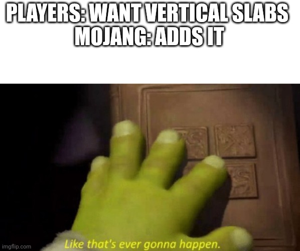 I honestly believe that they are never gonna add it | PLAYERS: WANT VERTICAL SLABS 
MOJANG: ADDS IT | image tagged in like that's ever gonna happen,minecraft,mojang | made w/ Imgflip meme maker