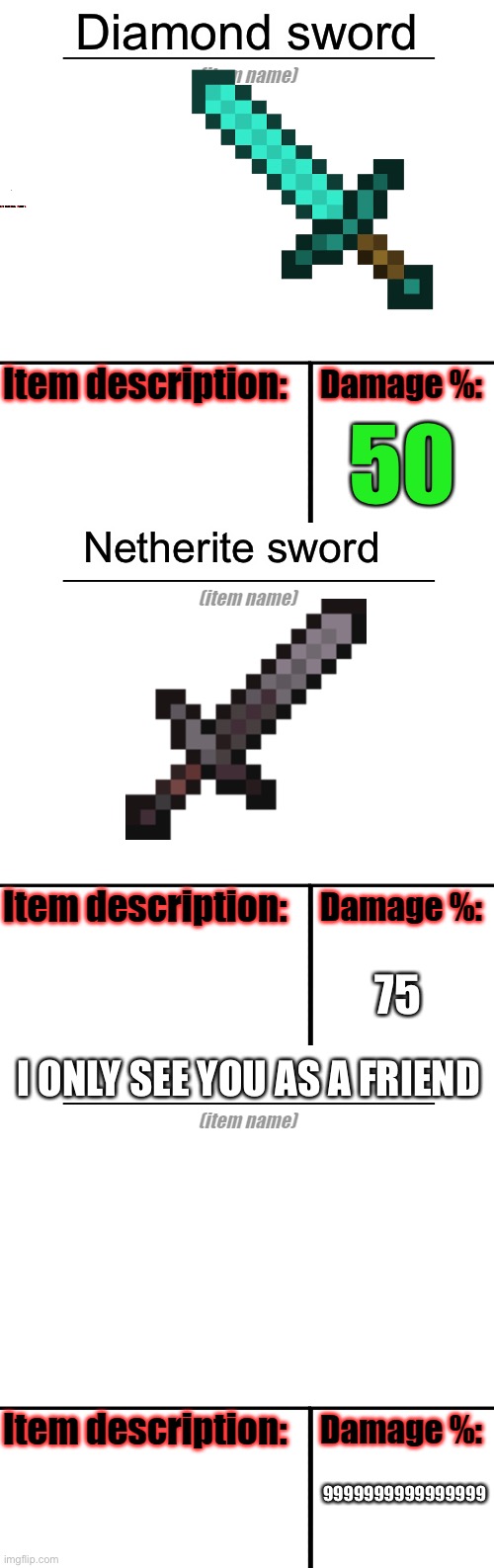 Diamond sword; 50; Netherite sword; 75; I ONLY SEE YOU AS A FRIEND; 9999999999999999 | image tagged in item-shop template | made w/ Imgflip meme maker
