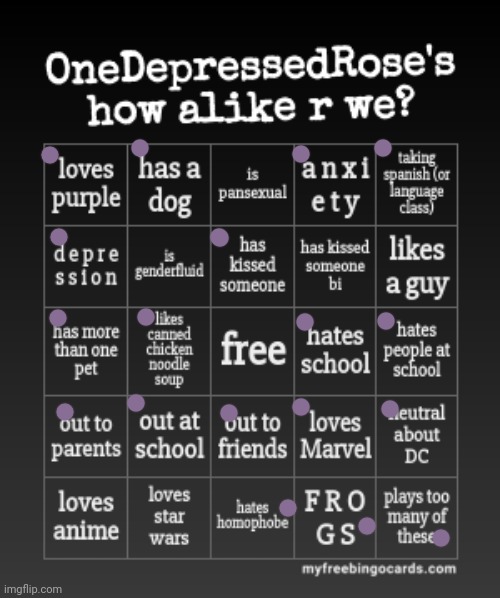 OneDepressedRose's how alike r we bingo- idk | image tagged in onedepressedrose's how alike r we | made w/ Imgflip meme maker