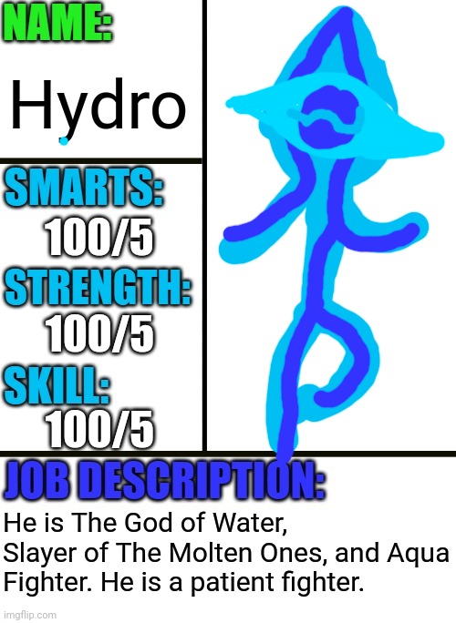Antiboss-heroes template | Hydro; 100/5; 100/5; 100/5; He is The God of Water, Slayer of The Molten Ones, and Aqua Fighter. He is a patient fighter. | image tagged in antiboss-heroes template | made w/ Imgflip meme maker