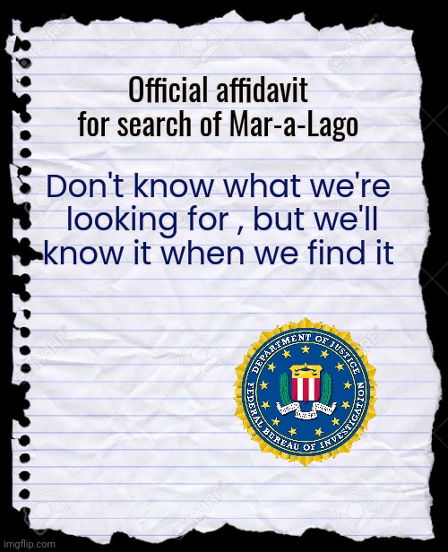 Found in Joe's wastebasket | Official affidavit for search of Mar-a-Lago Don't know what we're
 looking for , but we'll
 know it when we find it | image tagged in blank paper,law,well yes but actually no,bias,hypocrisy,legendary | made w/ Imgflip meme maker