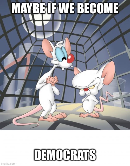 Pinky and the brain | MAYBE IF WE BECOME DEMOCRATS | image tagged in pinky and the brain | made w/ Imgflip meme maker