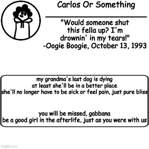 ' | my grandma's last dog is dying
at least she'll be in a better place
she'll no longer have to be sick or feel pain, just pure bliss; you will be missed, gabbana
be a good girl in the afterlife, just as you were with us | made w/ Imgflip meme maker