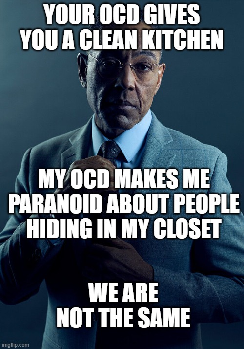 Gus Fring we are not the same | YOUR OCD GIVES YOU A CLEAN KITCHEN; MY OCD MAKES ME PARANOID ABOUT PEOPLE HIDING IN MY CLOSET; WE ARE NOT THE SAME | image tagged in gus fring we are not the same | made w/ Imgflip meme maker