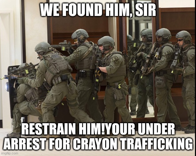 FBI SWAT | WE FOUND HIM, SIR RESTRAIN HIM!YOUR UNDER ARREST FOR CRAYON TRAFFICKING | image tagged in fbi swat | made w/ Imgflip meme maker